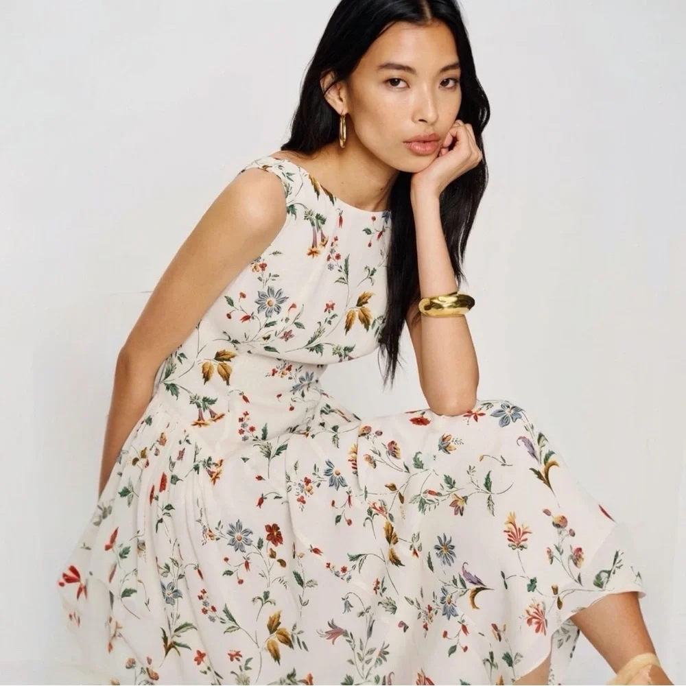 Reformation Anelis Boat Neck Drop Waist Floral Sleeveless Cocktail Midi Dress - Picture 8 of 16